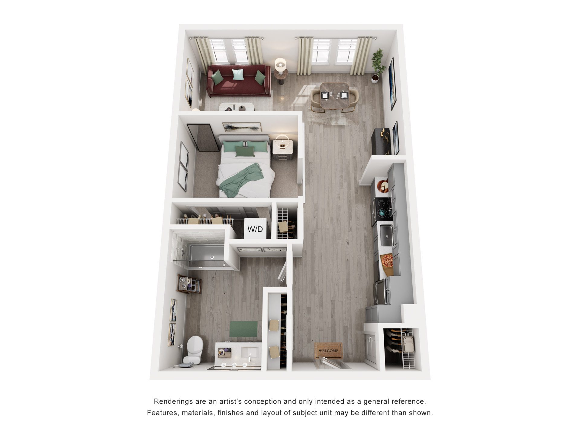 Floor plan for 1 bed, 1 bath, 693 sqft